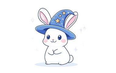 Whimsical White Bunny in Wizard Hat with Moon and Stars - Cute Vector Sticker Art on White Background in Procreate Doodle Style