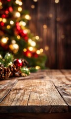 christmas tree and wooden table with lights in the background