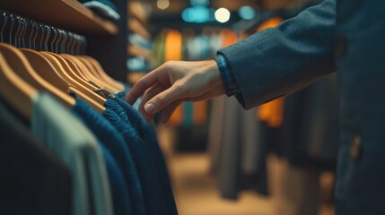 Fashion decisions and hands choosing in a luxury boutique shop. Design, retail, and no-person promotion, sale, and discount for wardrobe product HD stock photo
