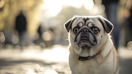 A pug dog sits in a sunlit outdoor setting, surrounded by blurred figures in the background.