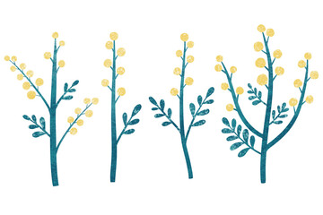 Fototapeta premium Set of yellow mimosa flowers isolated on white background. Hand drawn textured stylized flowers and leaves png illustration. Floral design element