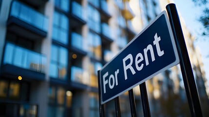 An elegant "For Rent" sign is displayed in front of a sleek, modern condominium complex.