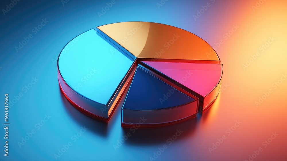 Poster glossy 3d pie chart with dynamic shadows and reflections, showcasing percentage distribution in a sl