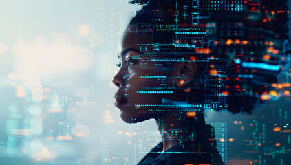 Artificial intelligence concept with futuristic digital overlay, woman thinking about technology, data analysis, innovation, machine learning, AI future, digital transformation, tech evolution

