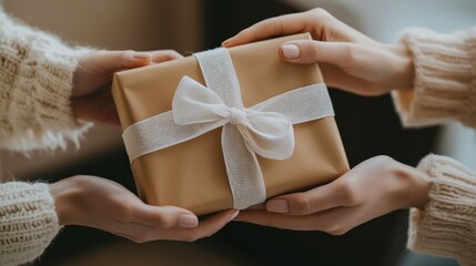 Two hands exchanging a gift wrapped in brown paper with a white ribbon, capturing the universal joy of giving and receiving