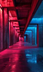Fototapeta premium long corridor with red and blue lights