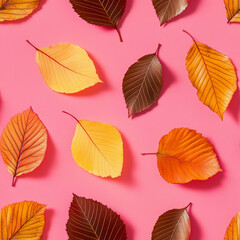 Obraz premium Autumn leaves seamless pattern on a pink background. Top view. MInimal autumn idea