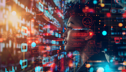  Artificial intelligence and data analysis concept showcasing futuristic digital interface advanced machine learning technology facial recognition software cyber world security visualization