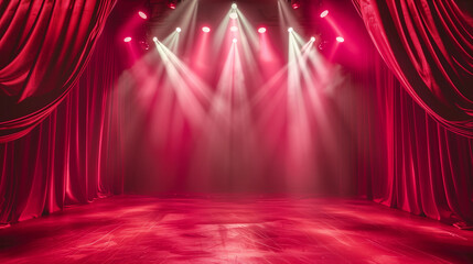 Simple vivid red stage lighting spotlight draped open plain curtains theatre concert show ambiance dramatic performance backdrop concept empty copy space banner background

