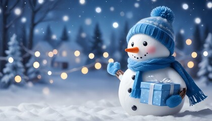 Fototapeta premium A cute snowman wearing a blue scarf and hat, is holding a small gift box in a snowy winter landscape with blurred Christmas lights in the background.