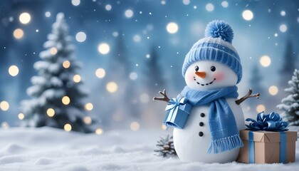 Obraz premium A cute snowman wearing a blue scarf and hat, is holding a small gift box in a snowy winter landscape with blurred Christmas lights in the background.