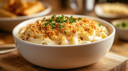 Heaping bowl of creamy mac and cheese topped with breadcrumbs and baked until golden, showcasing a comfort food favorite