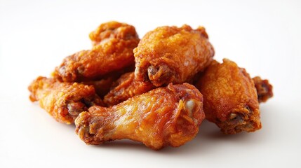 Heaping serving of hot, fried chicken wings with a crispy coating, placed on a white surface for a clean, appetizing look
