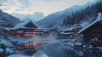 Obraz premium Snowy scenery and hot spring resort