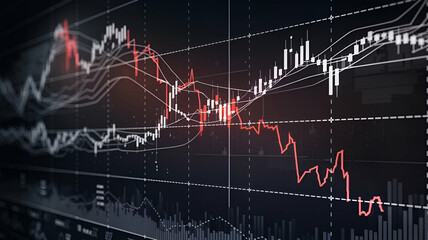 Obraz premium Fluctuating Stock Price Graph with Descending Red Line Economic Recession and Global Financial Instability Crisis in Financial Markets Visualization