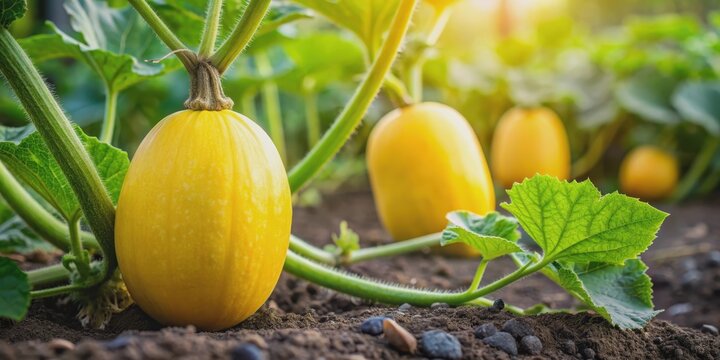 Spaghetti squash growing in a garden with organic plant food , organic, plant, food, vegetable, spaghetti squash, garden
