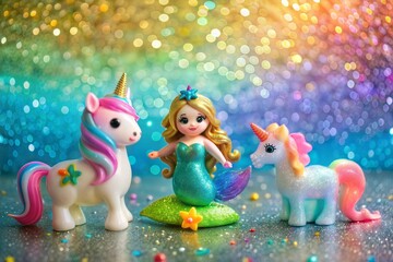 Fototapeta premium Enchanting unicorns and mermaid with colorful rainbow bokeh in background