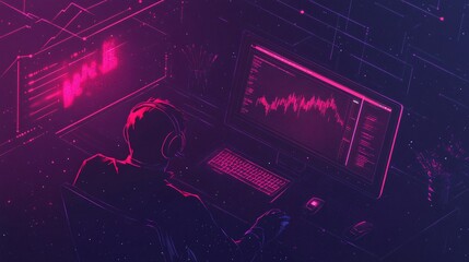 An Asian male programmer immersed in coding, surrounded by vibrant digital visuals at night.