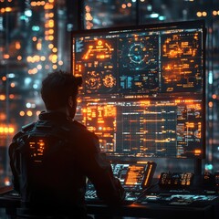 Cybersecurity expert monitors multiple screens filled with complex data in a high-tech environment, ensuring data protection.