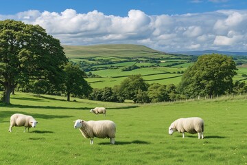 Fototapeta premium A serene landscape of sheep grazing in a lush, green countryside with rolling hills and scattered trees under a partly cloudy sky.