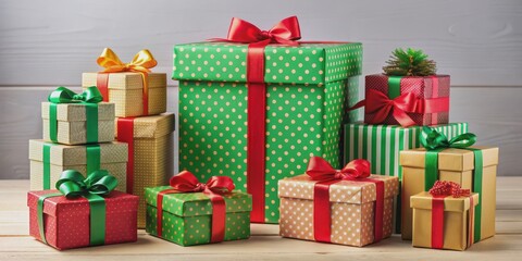 Christmas gift boxes in various sizes and colors , present, festive, wrapping, holiday, celebration, surprise, bows