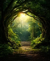 path through forest with bright light coming the tunnel