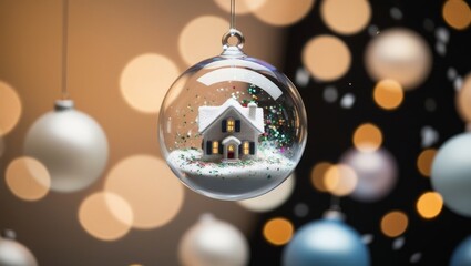 Fototapeta premium Transparent glass ball with miniature house, snow and glitter inside on the background of glowing lights bokeh. Festive Christmas interior decor. Magic Christmas ball