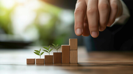 A representation of growth and progress, with a hand stacking wooden blocks and tiny plants sprouting from each level, symbolizing steady development and the nurturing of success and sustainability.