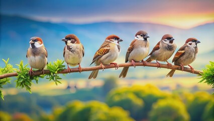Fototapeta premium Funny sparrows sitting on a branch in a panoramic view, birds, sparrows, branch, funny, small, colorful, nature, wildlife