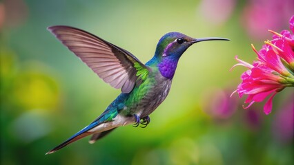 Fototapeta premium Hummingbird violet Sabrewing flying next to pink flower, hummingbird, violet Sabrewing, big blue bird, flying