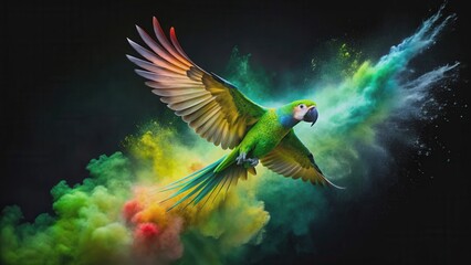 Flying green parrot with colored powder clouds on black background, Alexandrine parakeet