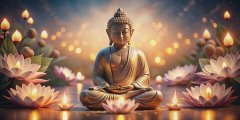 Obraz premium Serene Buddha statue meditating among glowing lotus flowers in a sacred temple setting with warm ambient lighting, Buddha, statue