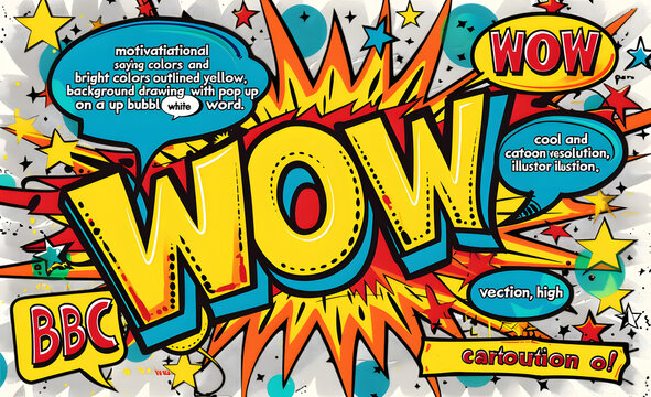  pop art explosion with comic text wow yellow outlined bold words dynamic speech bubbles colorful stars fun cartoon background retro design modern creative illustration vector art