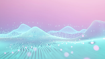 Harmonischer Pastellhintergrund. Digitale Landschaft mit türkis-lila Hügeln und Wellen. Sanfte Desktop-Tapete. Beruhigende Farben. Minimalistisches Design. Moderner Screensaver