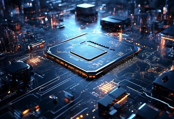 Fototapeta premium computer processor on circuit in city