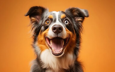 Euphoric Australian Shepherd Dog Portrait on Soft Orange Background