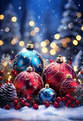 christmas balls and firs in snow with blurred lights
