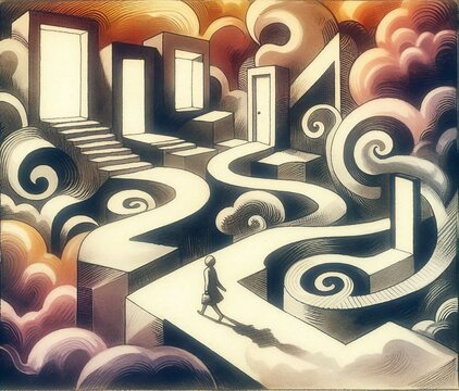a lone figure walking on a flat pathway that leads to various staircases and platforms, defying conventional perspectives and gravity. The staircases twist and turn in impossible ways, some leading to