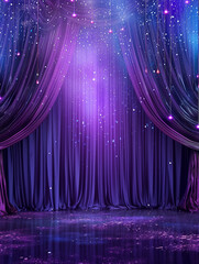Magical purple lilac curtain sparkling fairy mini lights elegant opera dance stage backdrop glamorous event ambiance theatrical luxurious decor performance night empty copy space banner background

