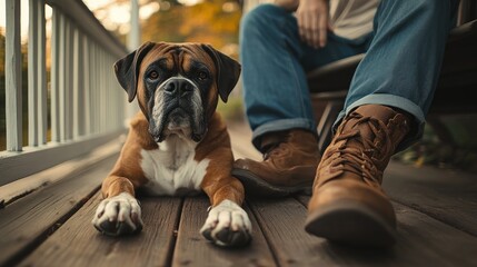 A relaxed dog lying on a porch with a person nearby, enjoying a peaceful moment.