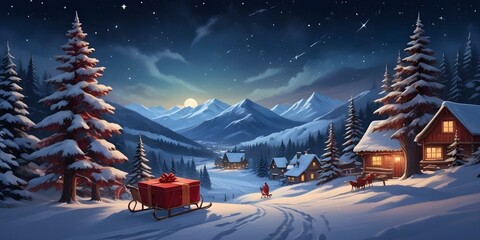Digital painting: A snowy winter landscape with a village nestled in the mountains, surrounded by snow-covered pine trees. In the foreground.