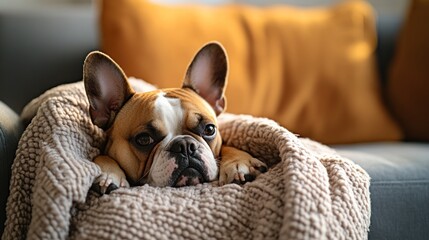 A relaxed dog resting on a cozy blanket on a sofa.