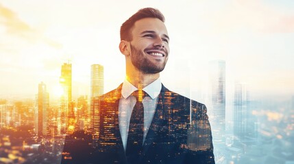 Fototapeta premium double exposure of businessman and cityscape, 