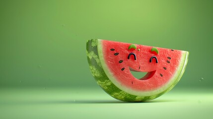A cartoon watermelon slice with a smiley face on a green background.