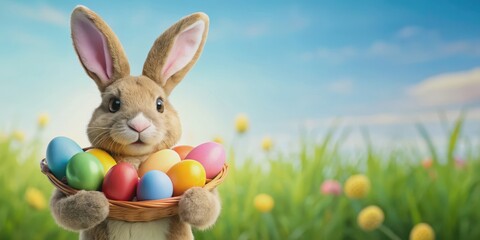 Cheerful Easter bunny with colorful eggs ready to pop and release joy in the air, Easter, bunny, colorful, eggs, joy