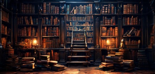 room with lot books on the shelves