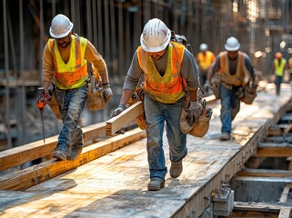 Construction Workers Walking on Wooden Beams