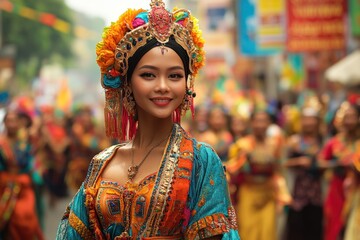 Fototapeta premium Woman in Traditional Asian Headdress at Festival