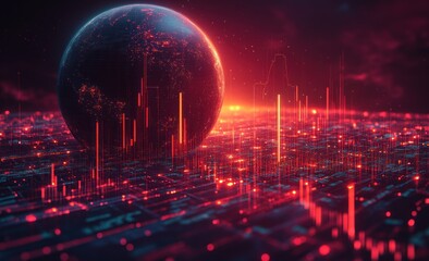 Digital Cityscape - Globe Over Red Light Grid