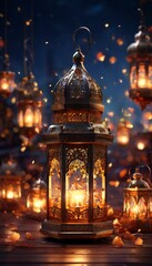 Obraz premium lantern with candles and on wooden table